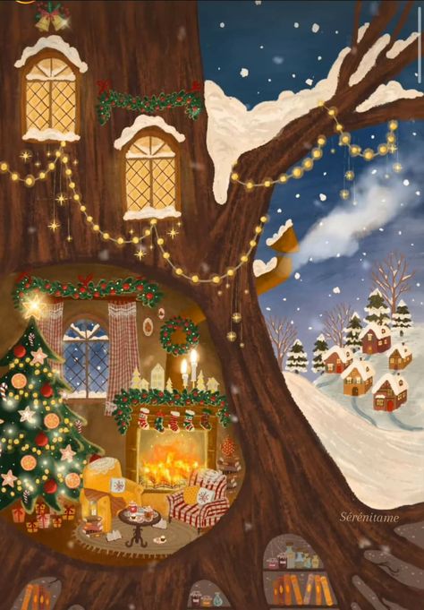 Oh to live here 🤎 Artist: sérénitame on ig Cosy Christmas Wallpaper, Warm Winter Wallpaper, Christmas Wallpaper Home Screen, Cozy Christmas Illustration, Cosy Wallpaper, Cozy Winter Illustration, Knitting Cartoon, Christmas Lodge, Japan Illustration