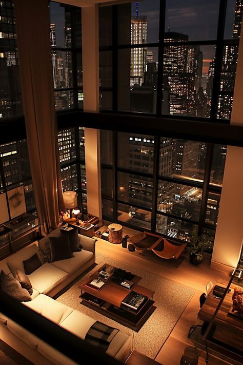 Luxurious New York Apartments and Lofts 90s Japan Penthouse, London Houses Interior, Skyscraper Apartment, Penthouse Apartment Aesthetic, Penthouse Aesthetic, Appartement New York, Penthouse Living Room, Penthouse Ideas, City Penthouse