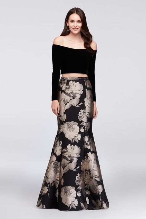 Velvet Crop Top and Brocade Mermaid Skirt Set - Black / Gold, 12 Crop Top Lehenga, Red Bridal Dress, Brocade Skirt, Xscape Dresses, Stylish Crop Top, Prom Dresses Gowns, Velvet Crop Top, Brocade Dresses, Trendy Skirts