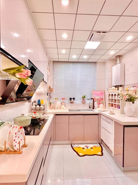 Korean Kitchen Interior, Pastel Kitchen Aesthetic, Pastel Pink Kitchen, Duplex Condo, Casa Aesthetic, Pastel Kitchen Decor, Pastel Aesthetic Room, Korean Kitchen, Danish Pastel Aesthetic