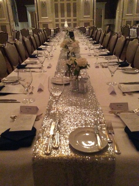 Table Decorations Silver, Glitz And Glam Table Decorations, Glitz And Glam Party Table Decorations, Silver And White Table Decorations, Silver Table Runner, Sequin Birthday Party, Mirror Table Runner, Silver Dinner Party, Silver Party Ideas