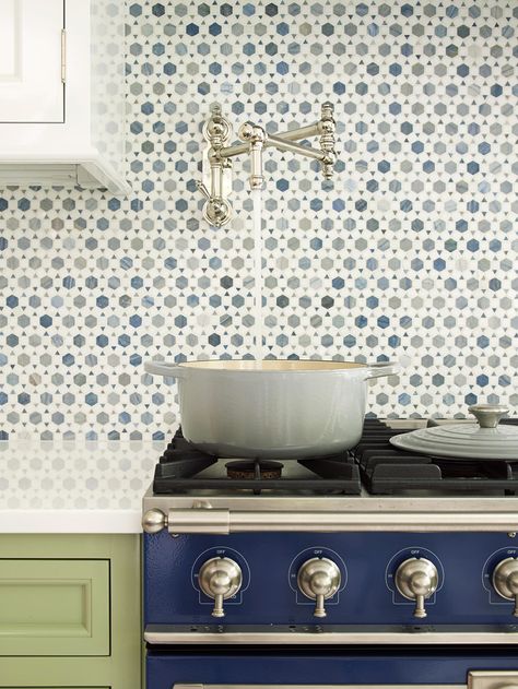 Elegant Backsplash, Range Tile, Backsplash Patterns, Patterned Tile Backsplash, Colorful Backsplash, Bold Kitchen, White Tile Backsplash, Blue Backsplash, Mosaic Tile Backsplash