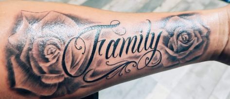 Mens Side Arm Tattoo, Family First Tattoo For Men Forearm, Last Name Arm Tattoo, Family Arm Tattoo Men, Last Name Tattoos For Men On Forearm, Family Forearm Tattoo Men, Name With Flowers Tattoo, Mom Name Tattoo For Men, Moms Name Tattoo Ideas Men