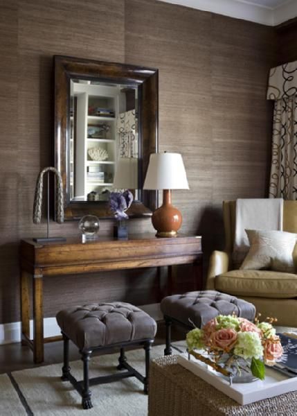 grasscloth, console table and lamp Entertaining Room, Monochromatic Room, Wicker Chest, Transitional Living, Mirror On The Wall, Design Salon, Brown Walls, Design Apartment, Transitional Living Rooms