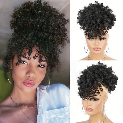 Ponytail With Bangs, Afro Puff Ponytail, Bangs Updo, Curly Drawstring Ponytail, Puff Ponytail, Short Ponytail, Curly Bun Hairstyles, Hairpieces For Women, Drawstring Ponytail