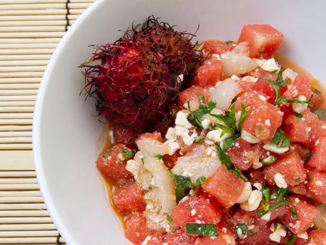 Watermelon, Lychee, Feta, and Basil Salad with Spicy Lemongrass Vinaigrette Lemongrass Vinaigrette, Lychee Recipes, Veggie Salads, Melon Recipes, Basil Salad, Summertime Salads, Recipes Savory, Watermelon Feta Salad, Summer Eats