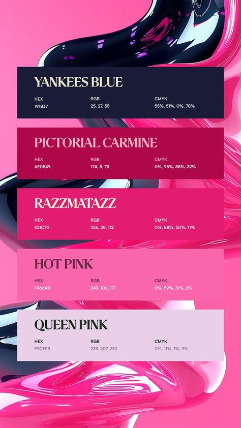 Colors:
191B37
AE0849
E21C70
F966AB
E9CFE8 Flat Color Palette, Color Design Inspiration, Hex Color Palette, Color Palette Challenge, Color Schemes Colour Palettes, Best Of Luck, Hex Color Codes, Pastel Colour Palette, Color Palate