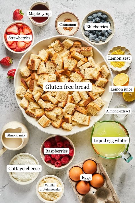 If you’re looking for the perfect breakfast to serve on Christmas morning, Mother’s Day, or at an upcoming holiday brunch, look no further than this gluten-free Protein French Toast Casserole! It’s the perfect make-ahead dish. Simply prep the night before, and pop it in the oven the next morning for a stress-free, high protein breakfast that your whole family will love. Even better, this french toast packs 19 grams of protein per slice! Breakfast Casserole Protein, High Protein French Toast Casserole, Protein French Toast Casserole, French Toast Oven, High Protein Breakfast Casserole, High Protein French Toast, Protein French Toast, Baked French Toast Casserole, Cottage Cheese Eggs