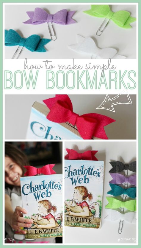 how to make simple bow bookmarks - - love these!! Bow Bookmark, Books And Crafts, Simple Bow, Charlotte's Web, Diy Bookmarks, Bee Crafts, Cheer Team, Diy Bow, Paper Clips