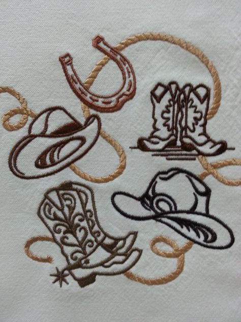 "This design includes boots, hats, rope, and a horseshoe. The towel is white with a brown gingham border. The towel is made from 100% cotton. It has been washed and pre-shrunk before being embroidered to prevent puckering when washed. It measures approximately 18\" x 28\". This item was made in a smoke/pet free home. Design by Embroidery Library" Horseshoe Embroidery Design, Horse Shoe Embroidery, Western Style Embroidery, Cowboy Boot Embroidery Pattern, Cowboy Boots Embroidery, Western Embroidery Patterns, Cowboy Embroidery Designs, Cowboy Boot Embroidery, Cute Country Wallpapers