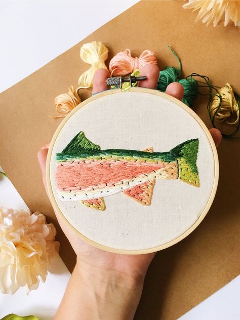 Trout Embroidery Pattern, Rainbow Trout Embroidery, One Piece Embroidery Design, Fun Embroidery Ideas, Trout Embroidery, Fish Hand Embroidery, Fish Embroidery Pattern, Fish Embroidery Designs, Grandma Hobbies