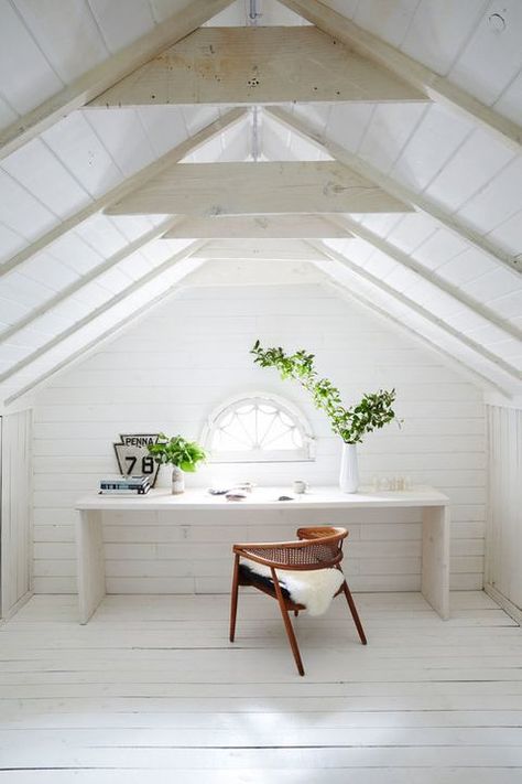 Attic Office, Ford Interior, Office Design Inspiration, Fresh Farmhouse, White Palette, White Interior Design, Farmhouse Remodel, Attic Renovation, Attic Remodel