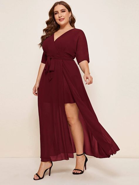 Plus Batwing Sleeve Self Belted Wrap Dress | SHEIN USA Wrap Dress Bridesmaid, High Split Dress, Plus Size Wedding Guest, Plus Size Wedding Guest Dresses, Winter Wedding Guest, Chiffon Party Dress, Belted Wrap Dress, My Style Outfits, Boho Beach Dress