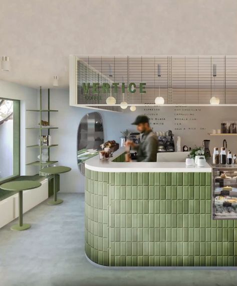 Cafe Green Design, Coffee Shop Green Design, Coffee Shop Design Colorful, Acai Bar Design, Sage Green Coffee Shop, Matcha Cafe Interior, Coffee Shop Colors, Coffee Bar Green, Cafe Counter Design