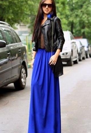 Black shirt, brown leather, red skirt Long Skirt Winter, Maxi Skirt Fall, Long Chiffon Skirt, Beach Cocktails, Blue Maxi Skirt, Beautiful Long Dresses, Chiffon Maxi Skirt, Maxi Dress Outfit, Straight Cut Jeans