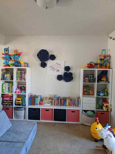 Real Life Toy Storage Ideas for Toddler Toys Toy Storage Ideas For Playroom, Outside Toys Storage Ideas, Toy Storage For Kids Bedroom, Toy Storage Kids Bedroom, Book And Toy Storage Ideas, Playroom Ideas Organization, Storage Ideas For Playroom, Organizing Toys In Kids Room, Basement Toy Storage Ideas