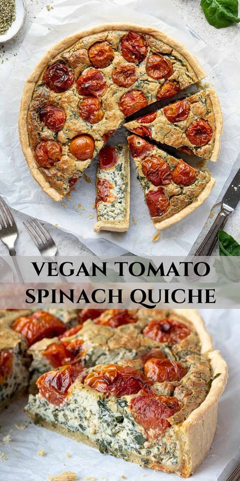 Vegan Savoury Tart, Vegan Tofu Quiche Recipes, Vegan Spinach Quiche, Vegan Spinach Pie, Vegan Breakfast Pastry Recipes, Silken Tofu Quiche, Spinach Tart Recipes, Vegan Tomato Recipes, Vegan Tart Recipes