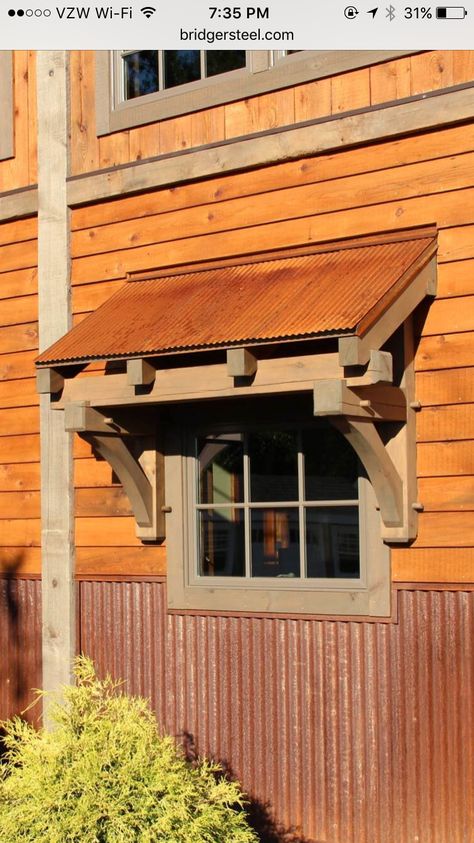 Rustic Lighting Ideas, Exterior Barn Doors, House Awnings, Porch Awning, Old Western, Cabin Exterior, Rustic Window, Door Awnings, Metal Siding