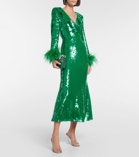 Feather Trimmed Sequined Midi Dress in Green - Self Portrait | Mytheresa Sequin And Feather Dress, Gown Green, Military Style Coats, Beach Dresses Summer, Feather Trim, Sequin Gown, Cocktail Evening Dresses, Long Maxi Skirts, Stretchy Dress