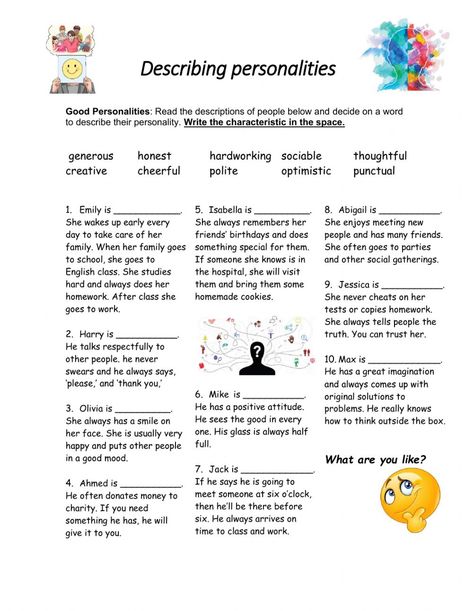 Describing personalities worksheet Describing A Person Writing, Personal Characteristics Worksheet, Describing Characters Personality, Personality Adjectives Worksheets, Adjectives To Describe Yourself, Describing People Worksheet, Personality Worksheet, Describing Personality, Adjectives To Describe Personality