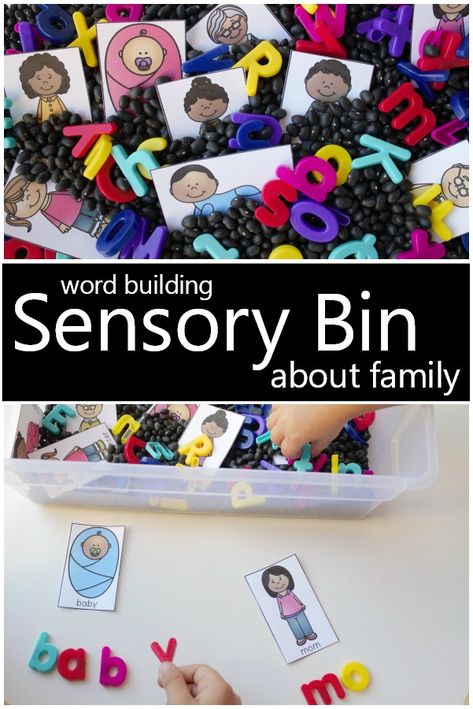 Practice building words and letter recognition as you learn about different family members in this family sensory bin activity for a preschool family theme. Playkit Ideas, Friendship Sensory Bin, Family Sensory Bin, Valentines Toddler, Preschool Family Theme, Family Activities Preschool, Preschool Family, Sensory Tub, Theme Preschool