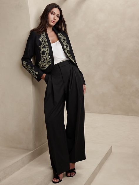 Jadia Embroidered Cropped Jacket | Banana Republic Jacket For Dress, Formal Jackets For Women, Charro Suit, Lesbian Suit, Filipiniana Dress, Lesbian Fashion, Lacy Tops, Queer Fashion, Embroidered Pants