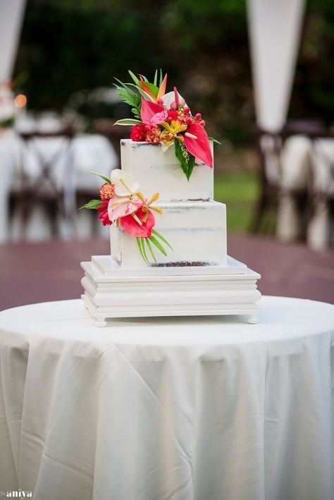 Hibiscus Centerpieces Wedding, Tropical Cake Wedding, Wedding Cake Tropical Flowers, Simple Tropical Wedding Cake, Wedding Cake With Tropical Flowers, Cow Renewal, Tropical Wedding Cake Ideas, Tropical Wedding Cakes, Hibiscus Wedding