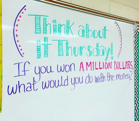 I just love the idea of think about Thursday --I will come up with some fantastic questions and discussion topics that we will use during morning meeting. Whiteboard Prompts, Whiteboard Messages, Responsive Classroom, Morning Activities, Daily Writing Prompts, Daily Writing, Morning Meeting, Classroom Community, Future Classroom