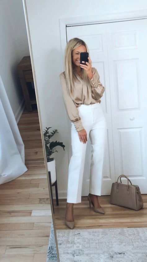 Tap the photo to shop this outfit! Professional Outfits Women Neutral, Business Casual Outfits For Women Neutral, Neutral Dressy Casual Outfits, Business Neutral Outfits, Professional Neutral Outfits, Real Estate Clothes For Women, Spring Professional Outfits Women 2023, All White Business Outfit, Brown Office Outfits Women