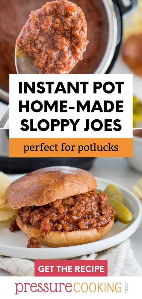 A picture collage with a prepared sloppy Joe with pickles and chips in the background on the bottom, and the sloppy Joe filling cooked in the Instant Pot on top. via @PressureCook2da Instant Pot Sloppy Joes, Crockpot Express, Homemade Sloppy Joes, Sloppy Joes Recipe, Instant Pot Meals, Honey Bbq, Best Instant Pot Recipe, Instant Pot Recipe, Tandoori Masala