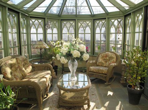 The perfect spot to sit and read. Gorgeous Greenhouses, Brown Mansion, Victorian Sunroom, Conservatory Room, Conservatory Sunroom, Room Color Design, Victorian Conservatory, Conservatory Greenhouse, Conservatory Design