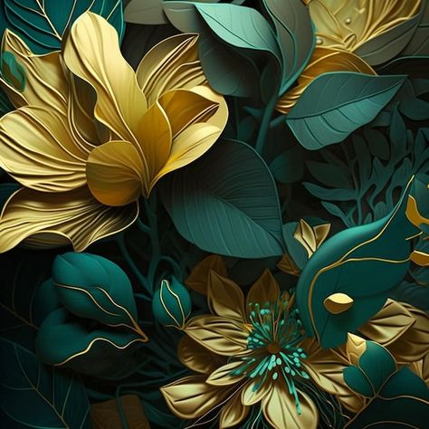 Photo teal and goldenfantasy flower illu... | Premium Photo #Freepik #photo #floral-art #vintage-floral #fabric-design #flower-painting Watercolor Art Background, Vintage Flower Backgrounds, Art Cover, Teal Flowers, Turquoise Flowers, Floral Photo, Design Flower, Watercolor Invitations, Teal And Gold