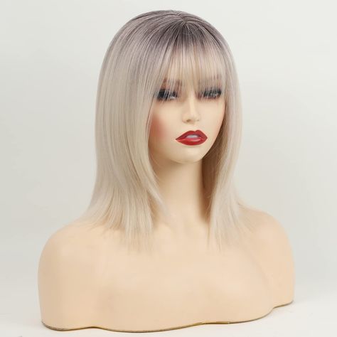 RENERSHOW Short Ombre Platinum Blonde Bob Wig with Bangs Light Blonde Wigs for White Women Heat Synthetic Wig Natural Bob Wigs For White Women, Platinum Blonde Bob, Bangs Light, Platinum Bob, Wigs For White Women, Platinum Blonde Bobs, Bob Wig With Bangs, Short Ombre, Blonde Bob Wig