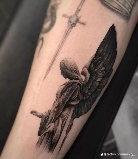 #tattoo, #tattoos, #inked, #tattooart, #tattooedwomen, #tattooedguys, #tattooinspiration, #tattooideas, #tattooworldwide, #tattoosociety, #InkLaughs, and #TattooFails​ Nihilism Tattoo Ideas, Blackwork Angel Tattoo, Dark Biblical Tattoos, St Peter Tattoo, Gothic Angel Tattoo, Angel With Wings Tattoo, Underworld Tattoo, Angel Statue Tattoo, Celtic Cross Tattoo For Men