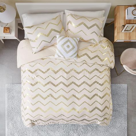 Codi Cream White and Gold Comforter Set for Full/Queen Size Bed, Cute Metallic Ivory Bed Sets, 4 Piece (2 Matching Shams + 1 Decorative Pillow) I White And Gold Comforter, Gold Comforter Set, Gold Comforter, Colorful Comforter, Girls Bedding Sets, Bed Comforter Sets, Youth Bedroom, Mattress Bedroom