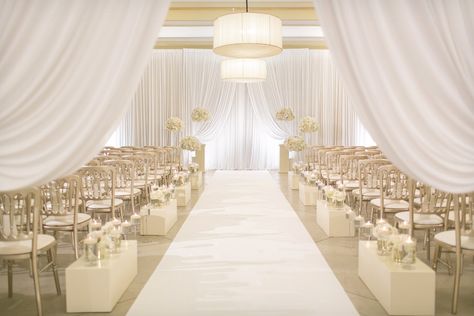 Chiavari Chairs Wedding, Wedding Ceremony Aisle, Fairytale Wedding Theme, Wedding Processional, White Wedding Ceremony, Ceremony Aisle, Wedding Venues Indoor, Downtown Wedding, White Drapes