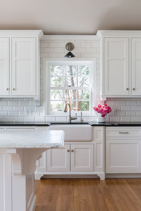 Kitchen Window Trim, Corbels Kitchen, Beveled Subway Tile, Grey Kitchen Island, Kitchen Diy Makeover, Smitten Kitchen, Kitchen Views, Subway Tiles, Dark Kitchen Cabinets