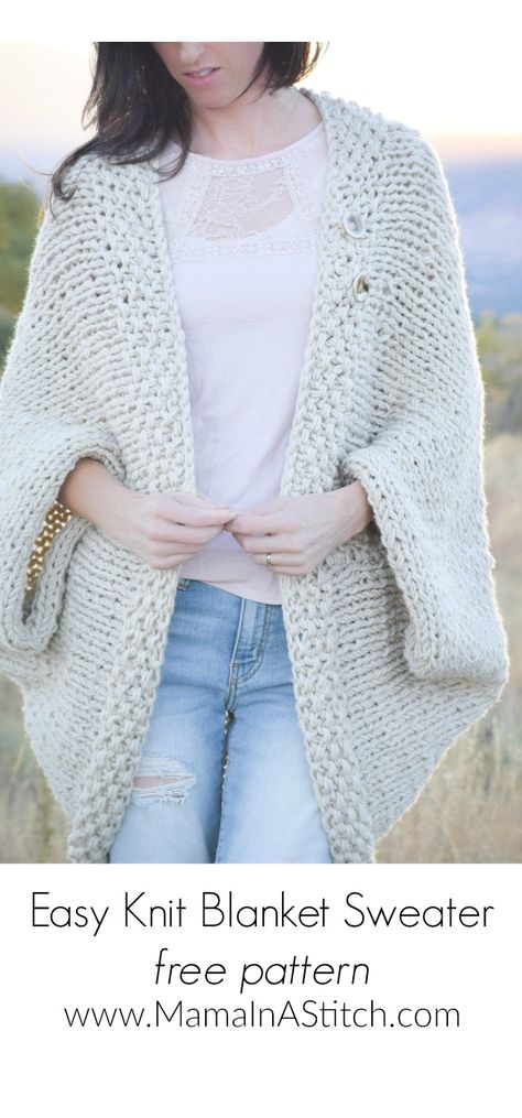 This super easy knit sweater pattern is perfect for beginners! I love that you can make it quickly and fast with the chunky weight yarn. Free knitting pattern available and picture tutorial! #freepattern, #knitsweater #howto via @MamaInAStitch Knit Blanket Sweater, Blanket Sweater Pattern, Easy Knit Blanket, Fall Knitting Patterns, Easy Knitting Projects, Easy Knit, Start Knitting, Knitted Blanket, Blanket Sweater