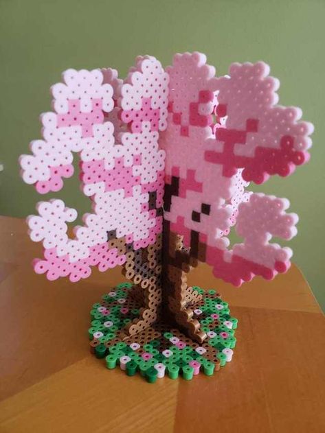 Cherry blossom tree with stand -- my first 3D piece - Imgur Perler Bead Shelf, Hamma Beads Ideas, Blossom Cherry, Easy Perler Bead Patterns, Melty Bead Patterns, Pearl Beads Pattern, Easy Perler Beads Ideas, 3d Perler Bead, Beaded Bead