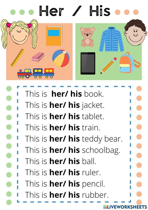 His Her Worksheet, B Worksheet, Worksheets For Grade 1, Basic English Grammar Book, Teach English To Kids, English Grammar For Kids, English Learning Books, Grammar For Kids, English Teaching Materials