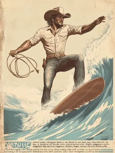 ↑↑↑ Larger size on website 🔸 A cartoon cowboy, riding a giant board in a wave, dressed in a way lasso, ear, riding  roughly with Surfer Cowboy, Surfing Cowboy, Cartoon Cowboy, A Cartoon, Surfing, Cowboy