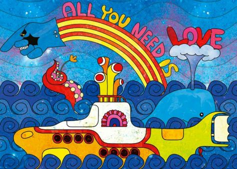 Peter Max Yellow Submarine, The Beatles Beatles Painting, Yellow Submarine Art, Beatles Artwork, Cartoon Ocean, Beatles Party, Beatles Wallpaper, Beatles Cartoon, Beatles Poster, Beatles Art