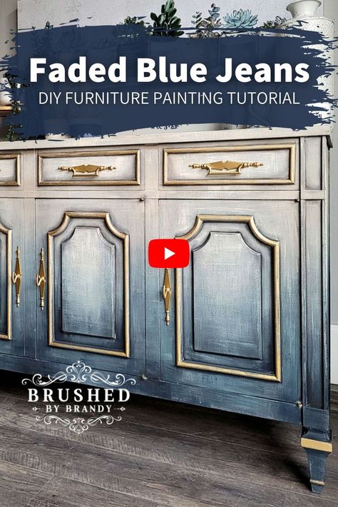 Blue Furniture Paint, Paint Denim, Denim Furniture, Chalk Paint Techniques, Brushed By Brandy, Furniture Painting Tutorial, Chalk Paint Furniture Diy, Blue Painted Furniture, Faded Blue Jeans