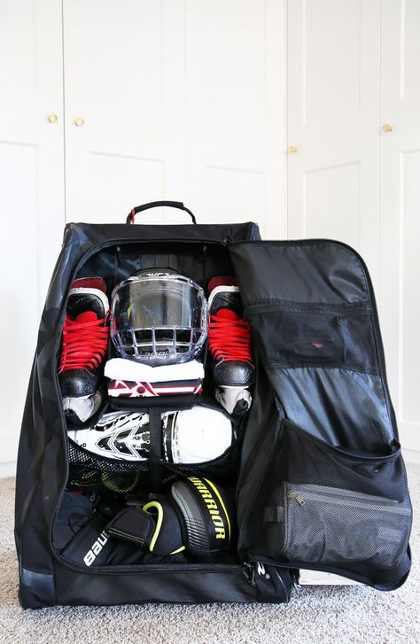 Learn how to organize hockey equipment easily (and minimize the smell of stinky hockey gear too)! | #hockey #hockeyequipment #hockeygear #sportsequipment #organized #organization How To Store Hockey Equipment, Baseball Gear Storage, Organize Sports Equipment, Hockey Bag Organization, Organizing Hockey Equipment, Hockey Gear Storage, Hockey Gear Dryer, Hockey Equipment Storage, How To Clean Hockey Equipment