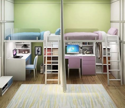 2 Beds In One Room Ideas Small Bedrooms Aesthetic, Room Ideas For Small Rooms For 2 People, Room Ideas Loft Bed Small Bedrooms, 2 Bedrooms In 1 Room, Tiny Bedroom For 2 Sisters, Two Rooms In One Bedroom, Partitioned Bedroom, Room Split In Half Ideas, Two People Bedroom Ideas