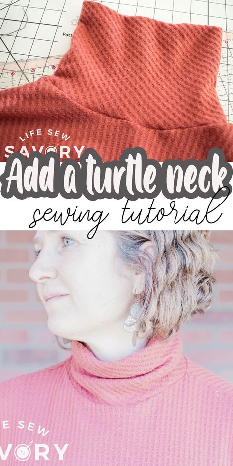 learn how to draft and sew a turtle neck on any shirt. Change up a sewing pattern you already own by adding a turtle neck to the neckline. How To Add A Turtleneck To A Shirt, Neckline Pattern Ideas, Free Turtleneck Sewing Pattern, Diy Turtle Neck Top, How To Sew A Turtleneck, Turtleneck Sewing Pattern Free, Mock Neck Sewing Pattern, Turtle Neck Pattern Drafting, Turtle Neck Dress Pattern