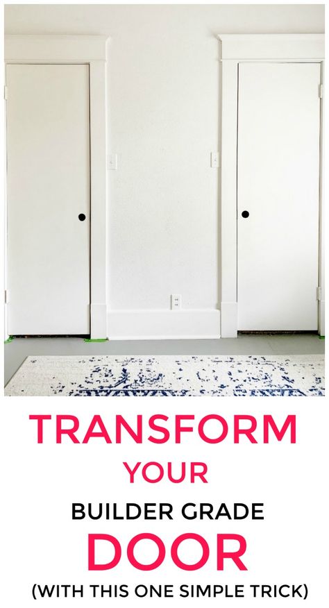 Looking to update the doors in your home? Here’s how to make a builder grade door look custom for under $10. Step-by-step instructions included. Update Flat Doors, Updating Builder Grade Doors, Upgrading Builder Grade Doors, Update Builder Grade Doors, Transform Builder Grade Home, Builder Grade Door Makeover, Add Character To Builder Grade Home, Upgrade Builder Grade Home, Diy Door Trim