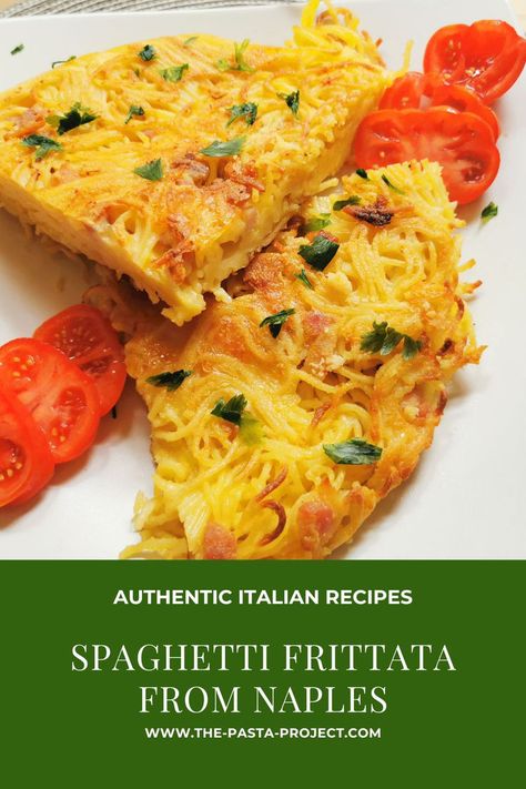 This traditional Neapolitan spaghetti frittata recipe is a fabulous was to use up leftover spaghetti. You can eat this frittata hot or cold and serve it as part of a buffet. potluck or with an aperitif. This classic version includes eggs, two kinds of cheese (parmigiano and scamorza) and pancetta. Spaghetti Frittata, Italian Pasta Recipes Authentic, Leftover Spaghetti, Frittata Recipe, Italian Pasta Recipes, Best Pasta Recipes, Frittata Recipes, Hearty Dinner, Italian Recipes Authentic