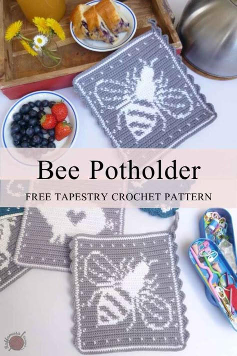 Tapestry Crochet Bee Potholder • Free Pattern by RaffamusaDesigns Small Tapestry Crochet, Bee Pot, Farmhouse Crochet, Gaming Things, Crochet Potholder Patterns, Scarf Ideas, Crochet Hot Pads, Crochet Swimsuit, Graph Crochet