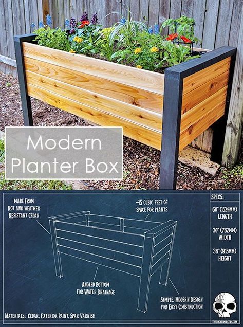 Learn how to make this Modern planter box with an easy to follow DIY video. Made of cedar and pine. Plans are also available. #planter #planterboxes #diy #cedar Standing Planter Box Diy, Diy Elevated Planter Boxes, Flower Box Diy Outdoor, Elevated Planter Boxes Diy, Planter Diy Outdoor, Standing Planter Boxes, Raised Planter Box Plans, Diy Cedar Planter, Planter Boxes Diy